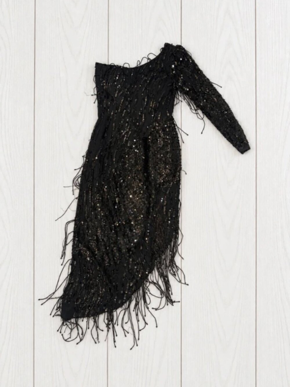 Vintage Niteline Women’s Black One-Shoulder Sequin Beaded Fringe Dress 8